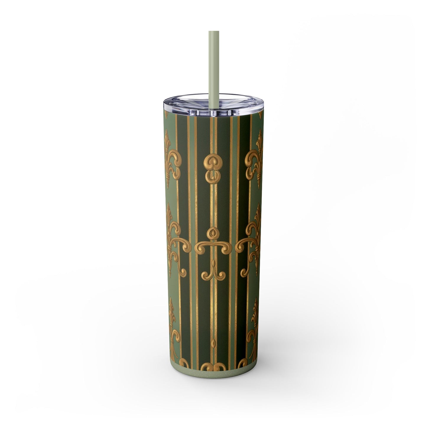 Elegant Green Striped Skinny Tumbler, 20oz Travel Mug, Reusable Cup, Perfect for Gifts, Parties, Home Decor - Green Striped Gold Baroque