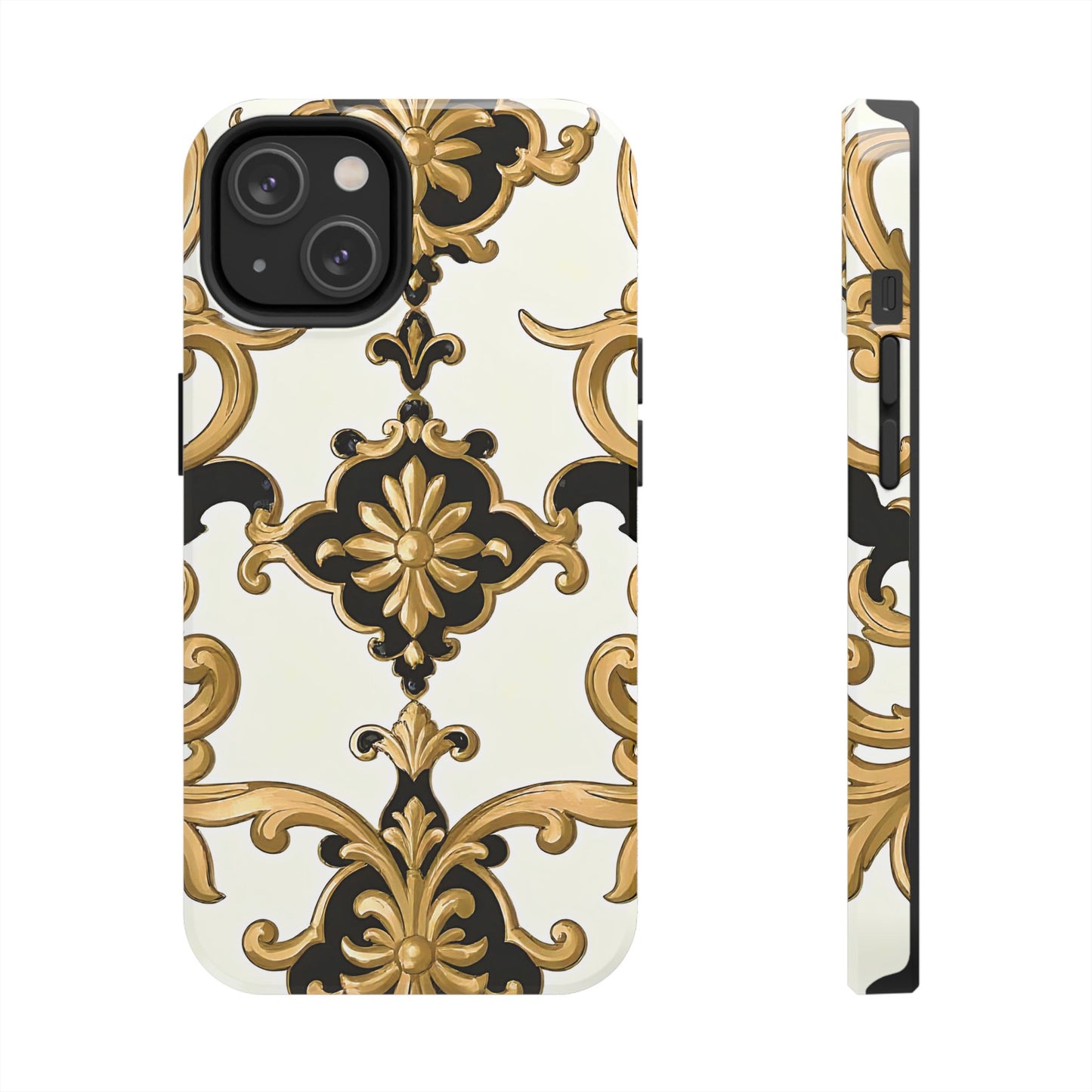 Elegant Floral Tough Phone Cases, Durable Phone Cover, Stylish Phone Accessories, Gift for Her, Chic Phone Cases - Black & Gold Rococo