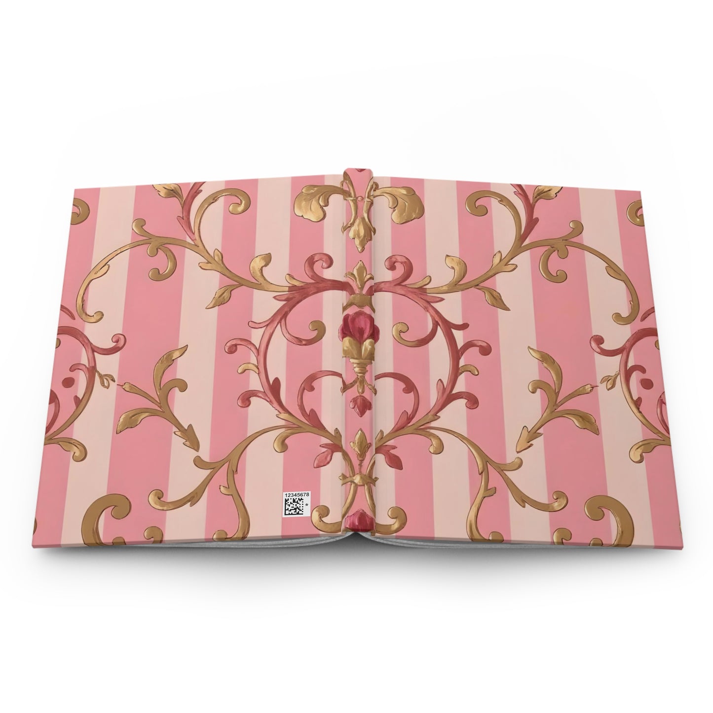 Elegant Floral Motif Hardcover Journal - Stylish Writing Notebook - Pink Striped Rose Gold Damask