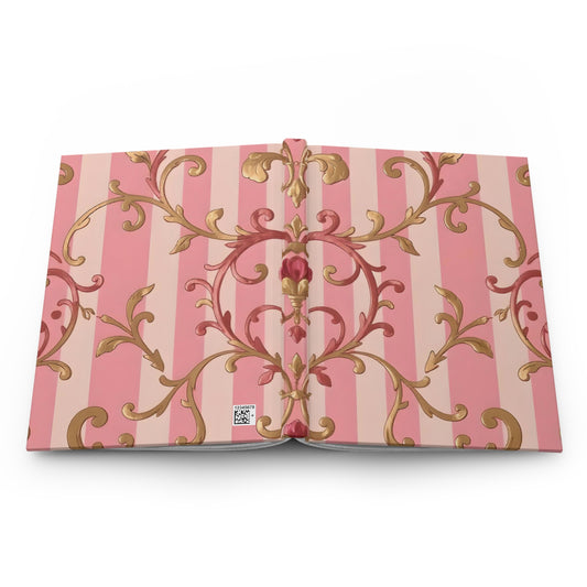 Elegant Floral Motif Hardcover Journal - Stylish Writing Notebook - Pink Striped Rose Gold Damask