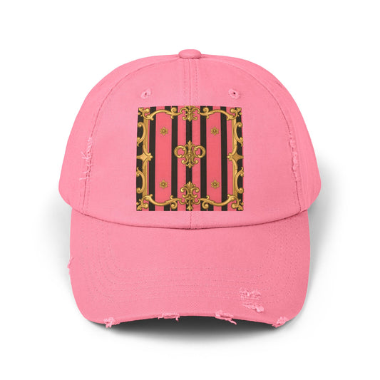 Chic Distressed Cap with Vintage Design, Trendy Fashion Accessory for Casual Wear, Gift for Her - Pink & Black Striped Gold Baroque
