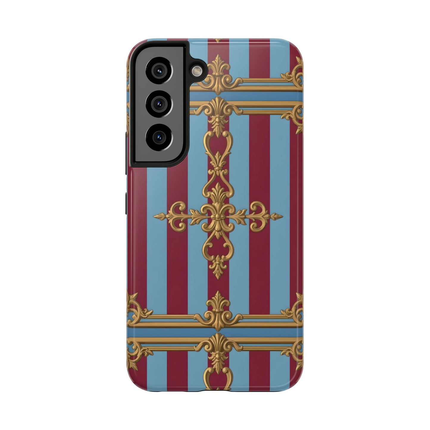 Elegant Patterned Tough Phone Cases, Stylish Phone Cover, Durable Phone Protection, Unique Gift Idea - Sky Blue & Maroon Striped Baroque