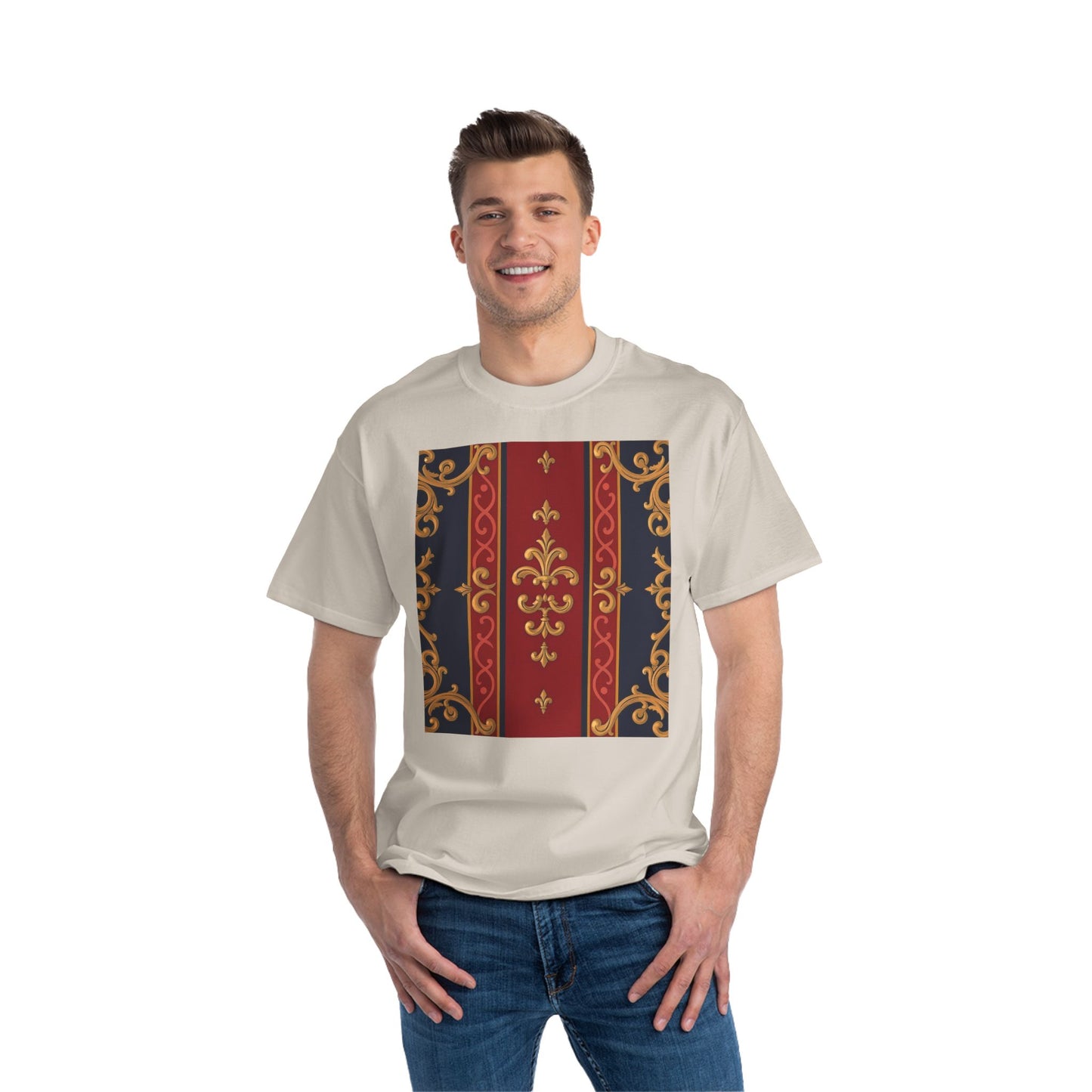 Elegant Baroque T-Shirt for Fashion Lovers, Casual Wear, Gift for Her, Unique Tee for Art Enthusiasts - Midnight Blue & Dusk Red Gold Baroque