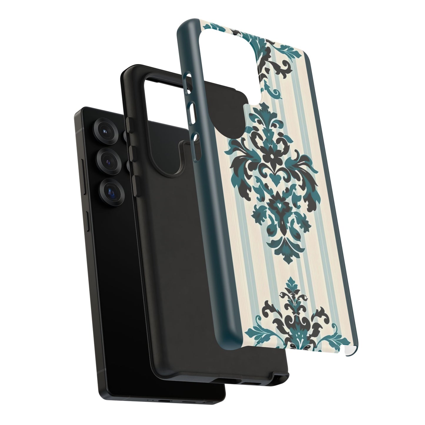 Elegant Floral Phone Case - Tough Cases with Vintage Design - Teal Striped Damask