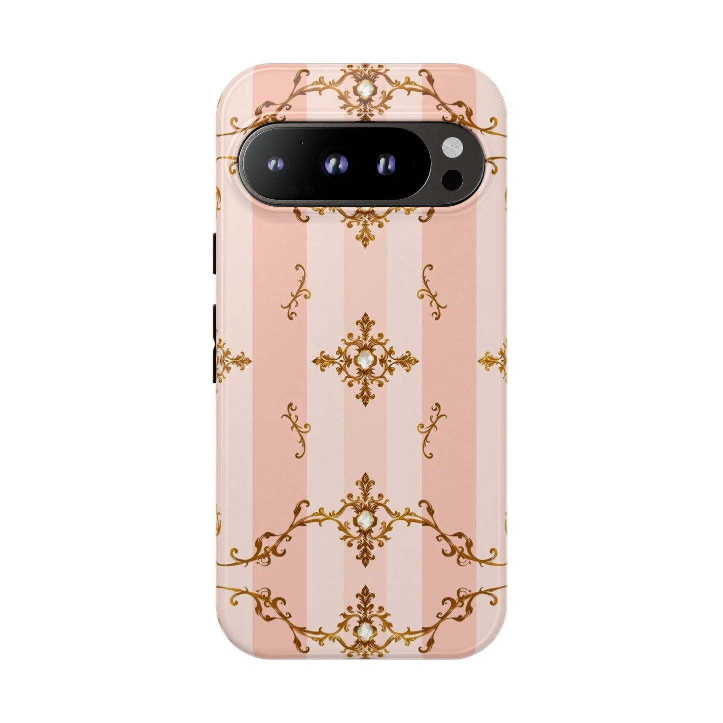 Elegant Floral Phone Case, Tough Cases for Women, Trendy Phone Cover, Chic Gift - Pink Jeweled Striped Gold Baroque