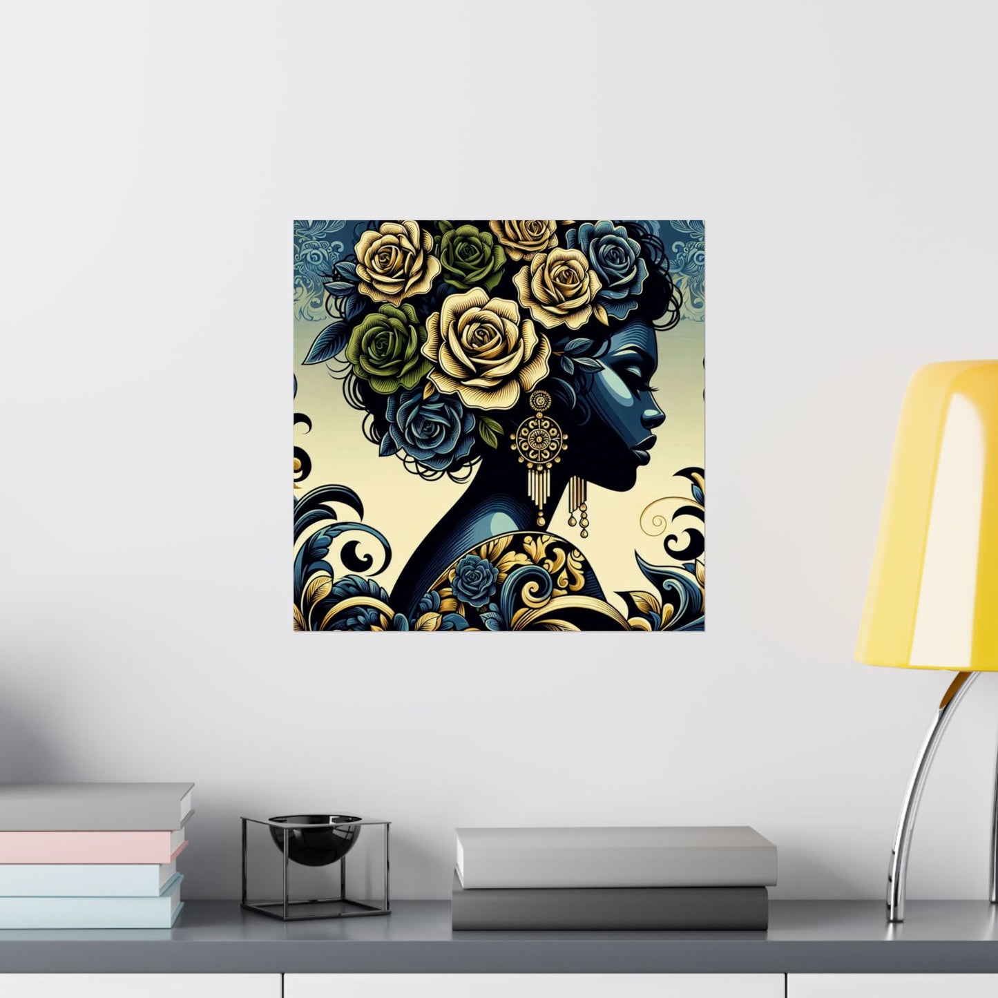 Floral Afro Art Poster - Elegant Matte Vertical Wall Decor - Midnight Blue Lady With Damask & Roses