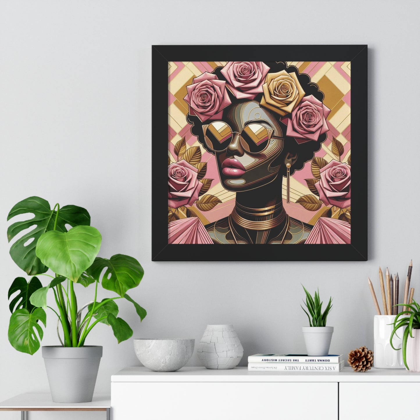 Elegant Framed Vertical Poster of Floral Woman, Home Decor, Wall Art, Gift for Her, Feminine Art Print - Pink Roses Lady