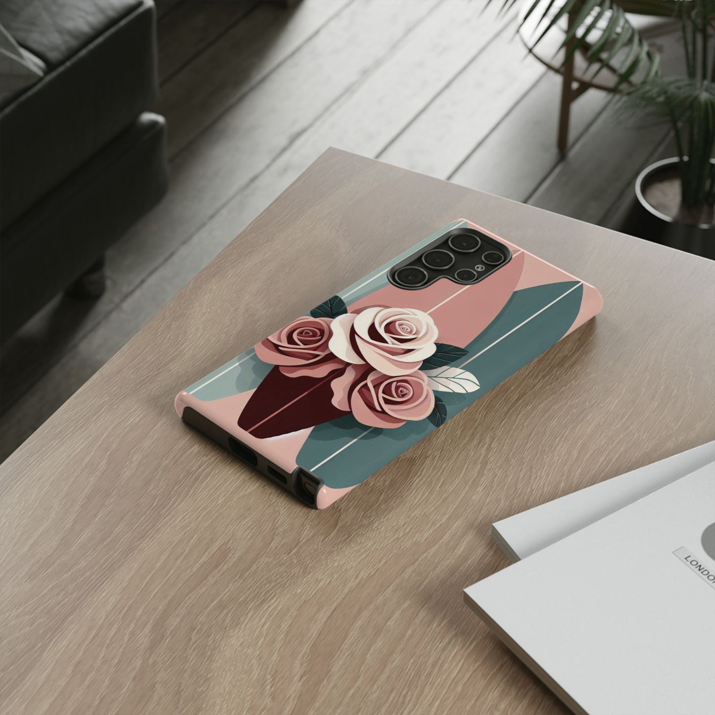 Phone Case - Burgundy, Matte Mauve & Teal Surfboard & Roses Design