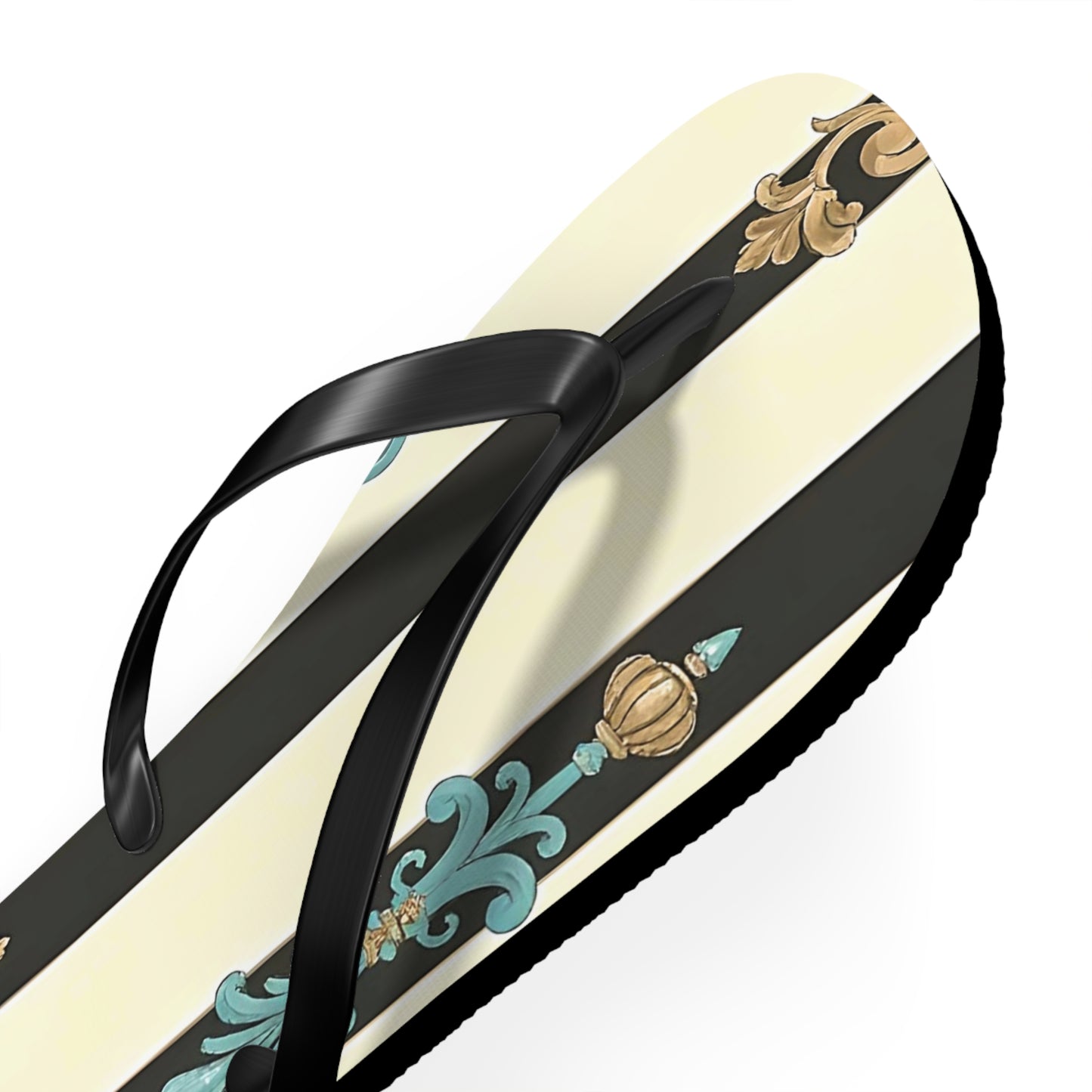 Stylish Flip Flops | Beach Sandals, Summer Footwear, Vacation Getaway, Casual Summer Style - Black Striped Turquoise & Black Rococo