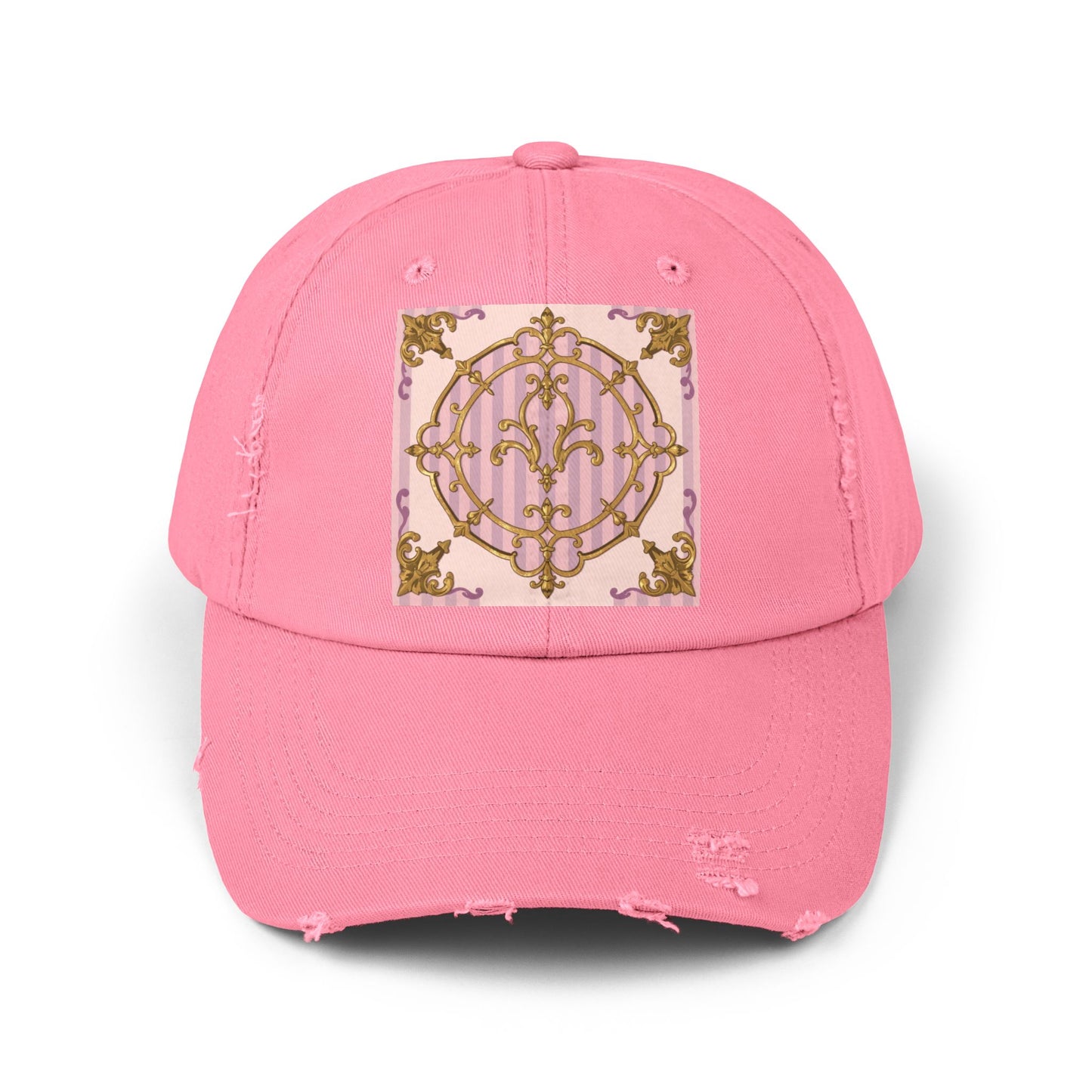 Chic Distressed Cap with Elegant Lavender & Alabaster Striped Gold Baroque Design | Casual Style, Streetwear, Gift for Her, Unique Accessory