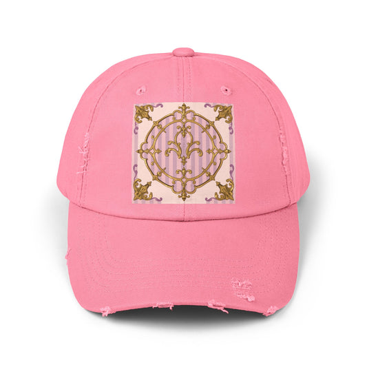 Chic Distressed Cap with Elegant Lavender & Alabaster Striped Gold Baroque Design | Casual Style, Streetwear, Gift for Her, Unique Accessory
