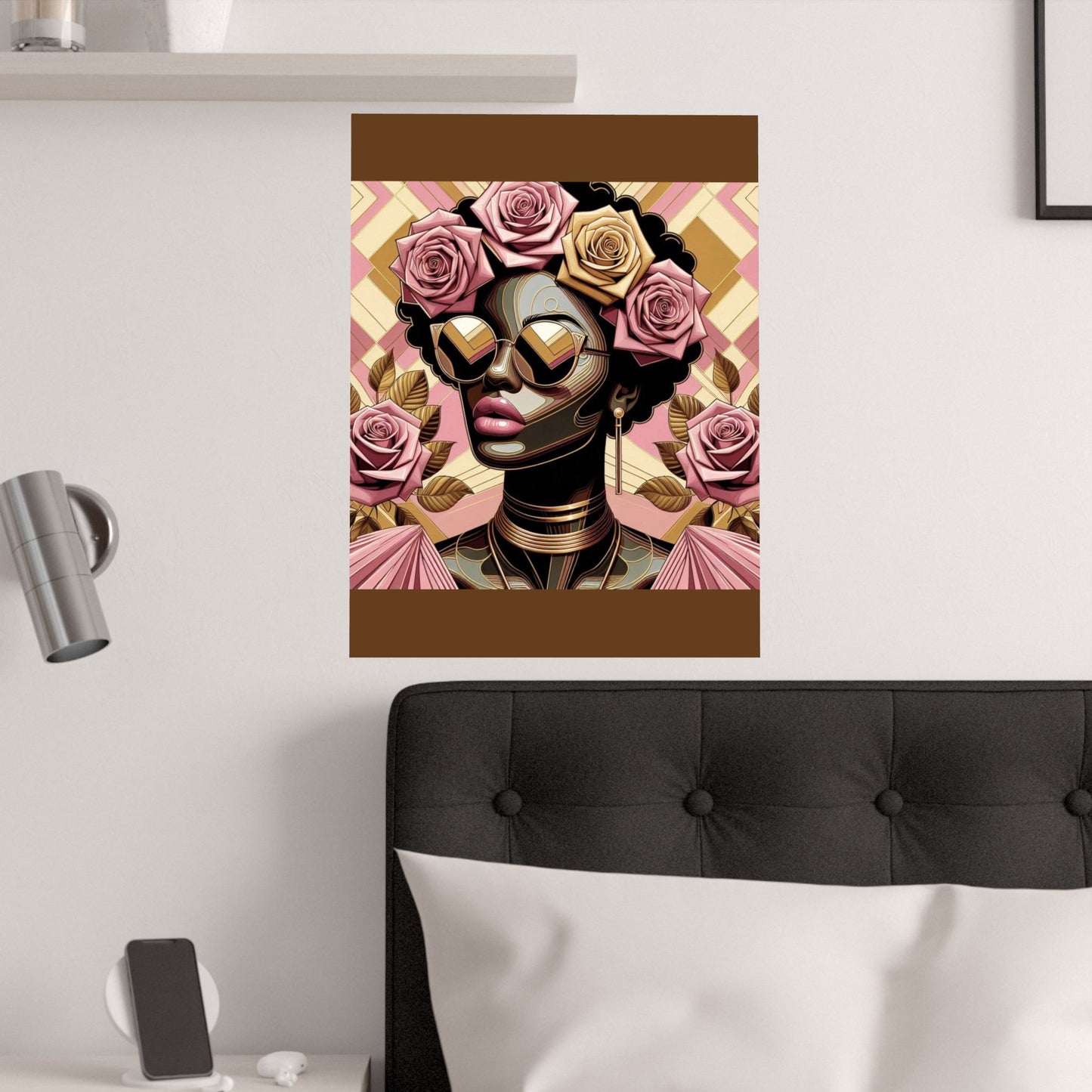 Elegant Satin Poster | Black Woman Art Print | Floral Decor | Modern Wall Art | Home Decor | Gift for Her | Pink Roses Lady