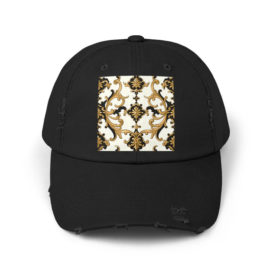 Elegant Vintage Unisex Distressed Cap - Stylish Accessory for Fashion Lovers, Great for Casual Wear, Gifts - Black & Gold Rococo