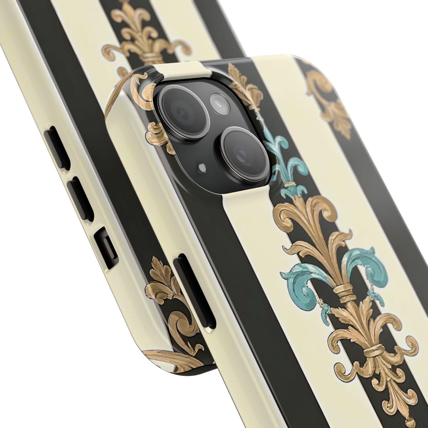 Elegant Vintage Tough Phone Cases, Stylish Phone Accessories, Quality Protection, Gifts for Her - Black Striped Turquoise & Black Rococo