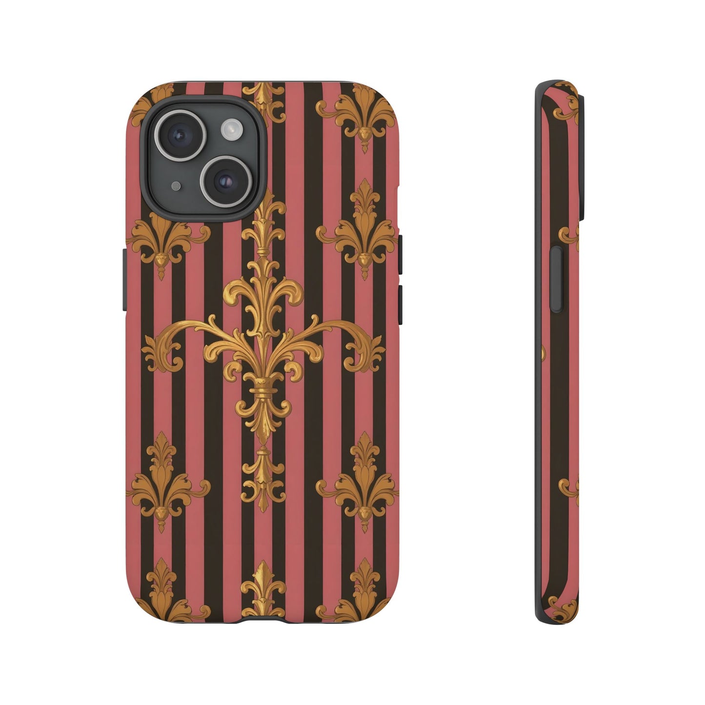 Elegant Floral Motif Phone Case - Tough Cases with Vintage Design - Mauve Striped Gold Damask