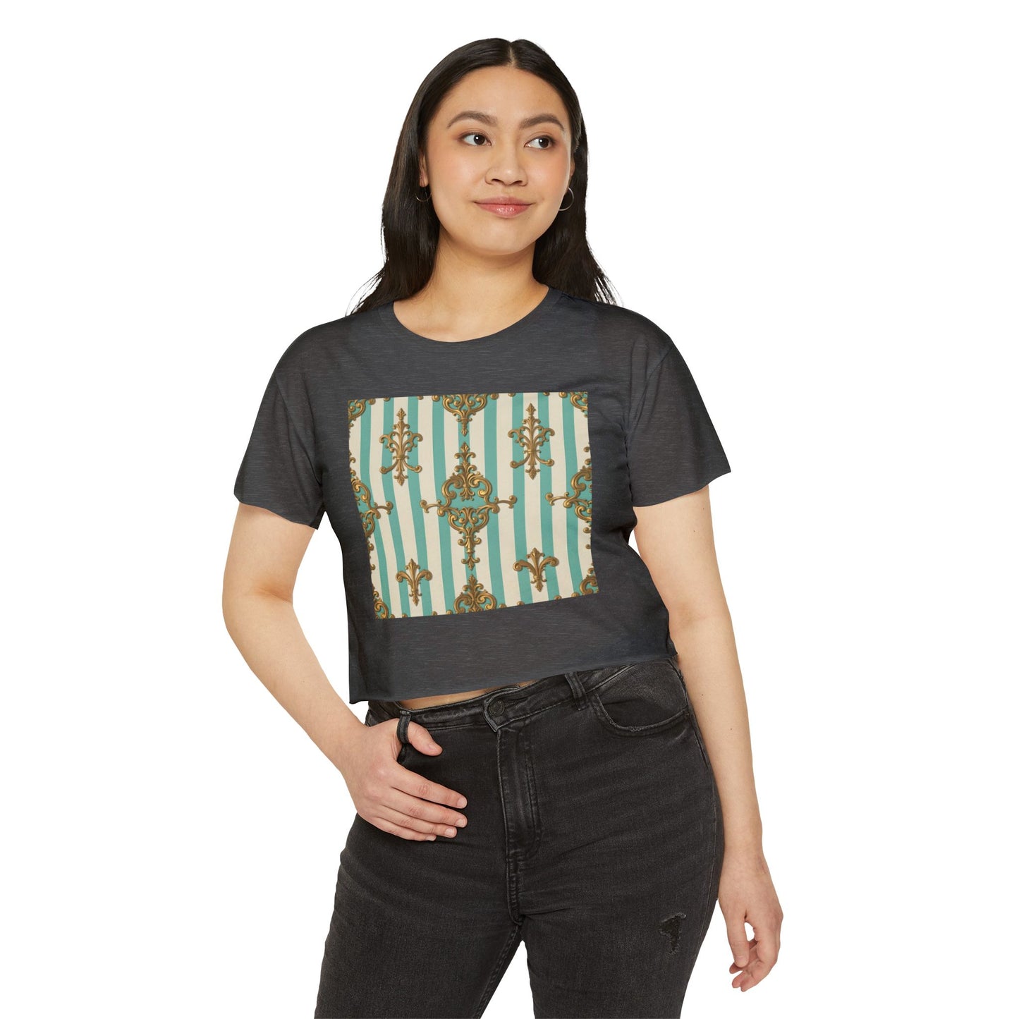Boho Chic Women's Festival Crop Top - Trendy Summer Wear, Beach Party Fashion - Matte Green Striped Rococo