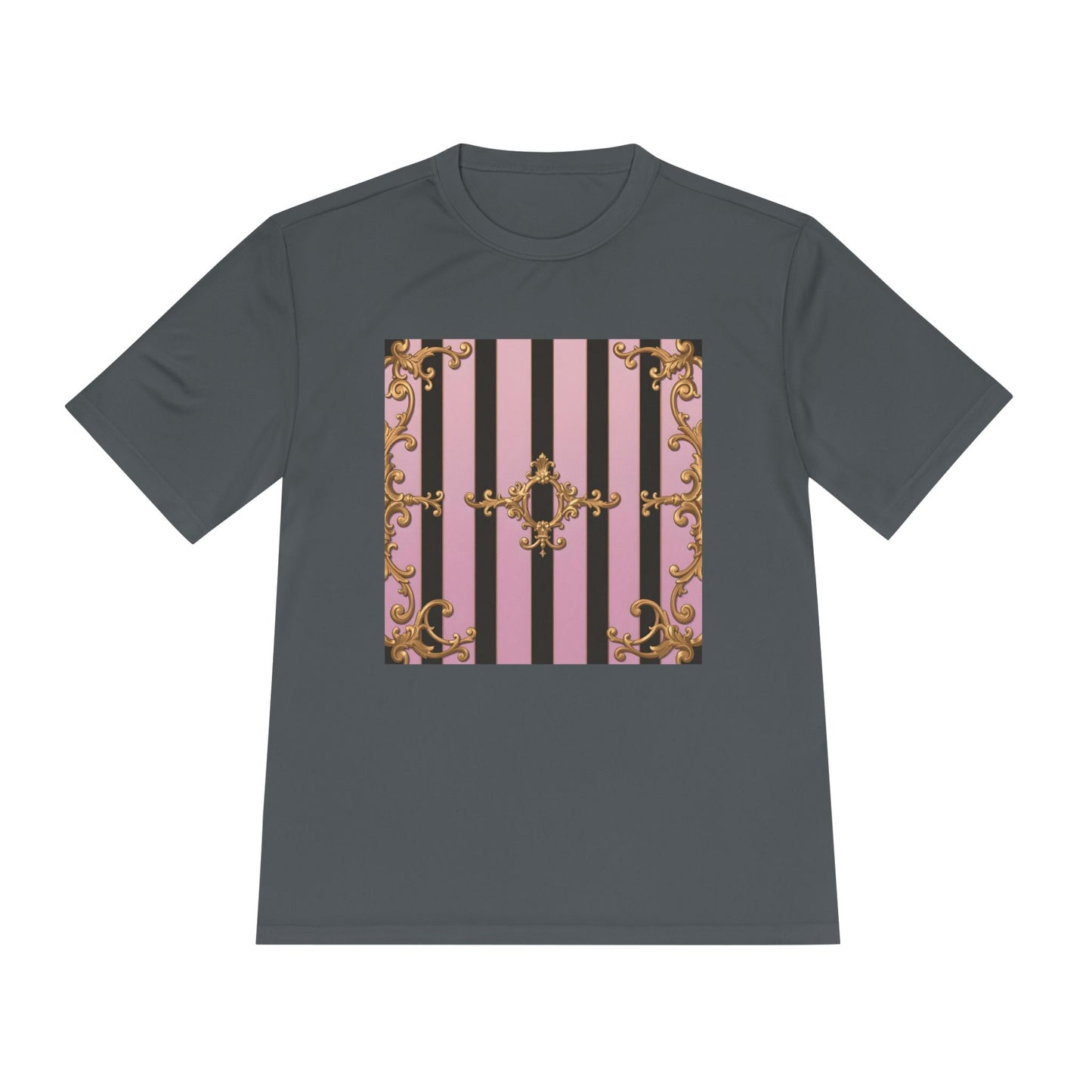 Elegant Striped Unisex Moisture Wicking Tee, Stylish Workout T-Shirt, Fashionable Athletic Top - Matte Lavender & Black Striped Gold Baroque