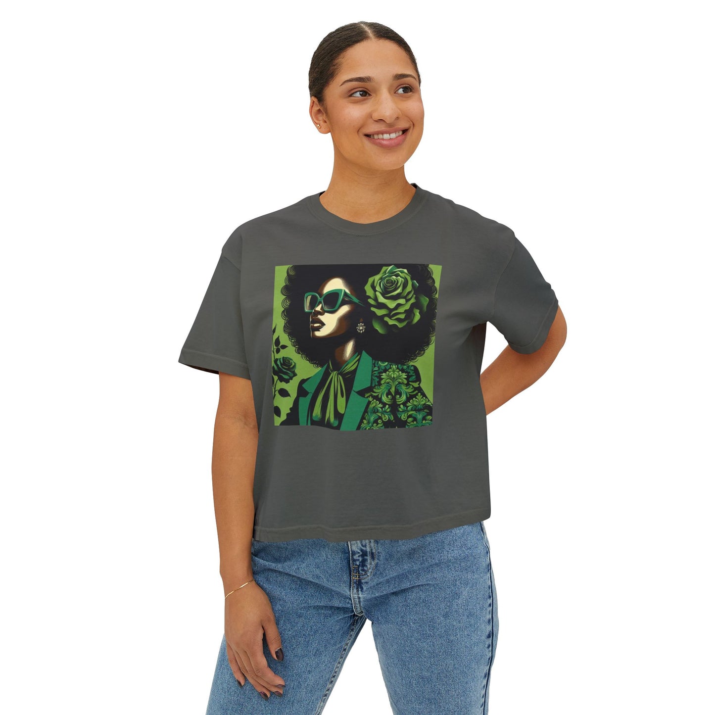 Chic Women's Boxy Tee - Vintage Afro Art, Trendy Casual Look, Gift for Her, Summer Style, Eco-Friendly Fashion - Lady in Green Damask