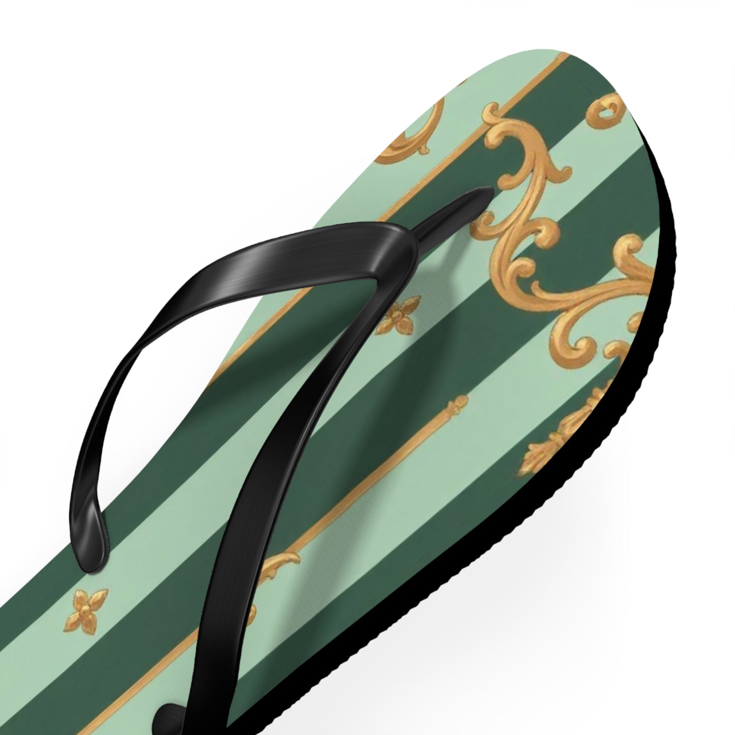 Elegant Patterned Flip Flops for Summer Fun, Beach Sandals, Casual Footwear, Vacation Essentials - Mint Green & Teal Striped Gold Baroque