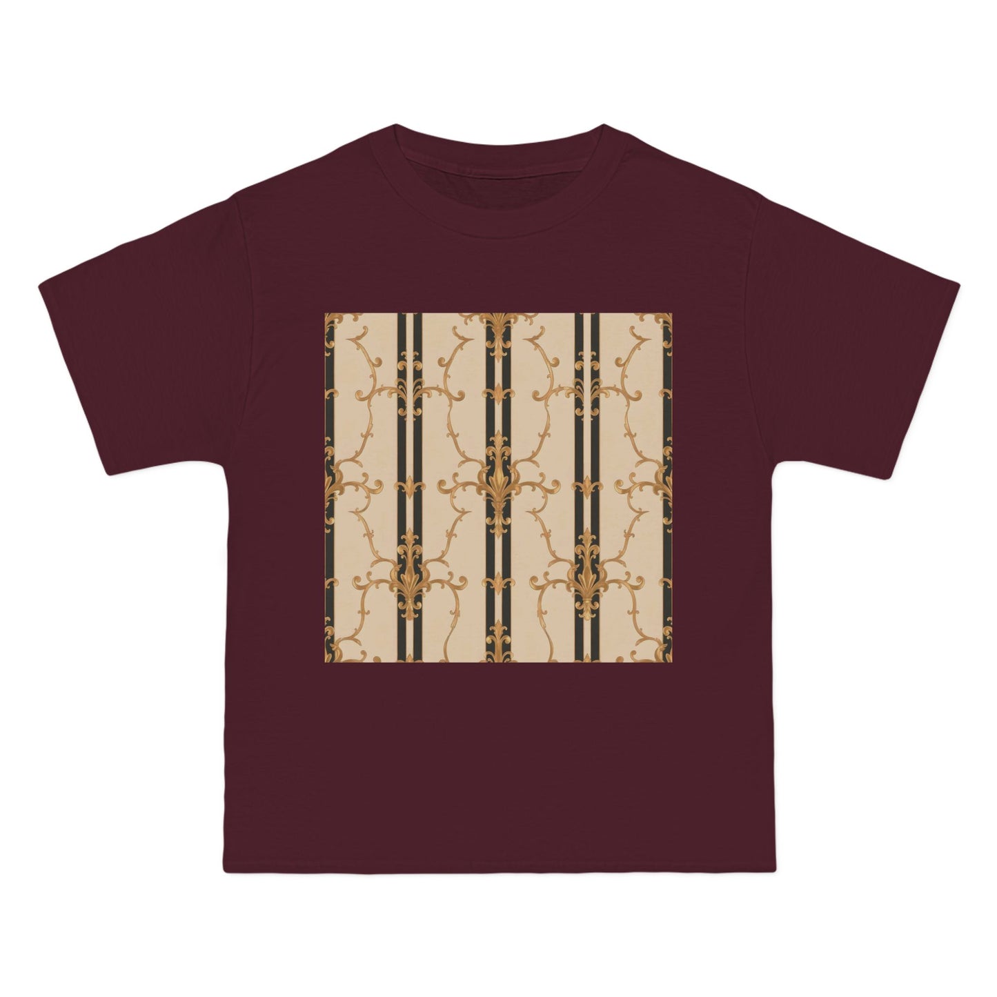 Stylish Graphic Tee for Casual Wear, Fashionable Short-Sleeve Shirt, Unique Summer Top - Black & Beige Striped Damask