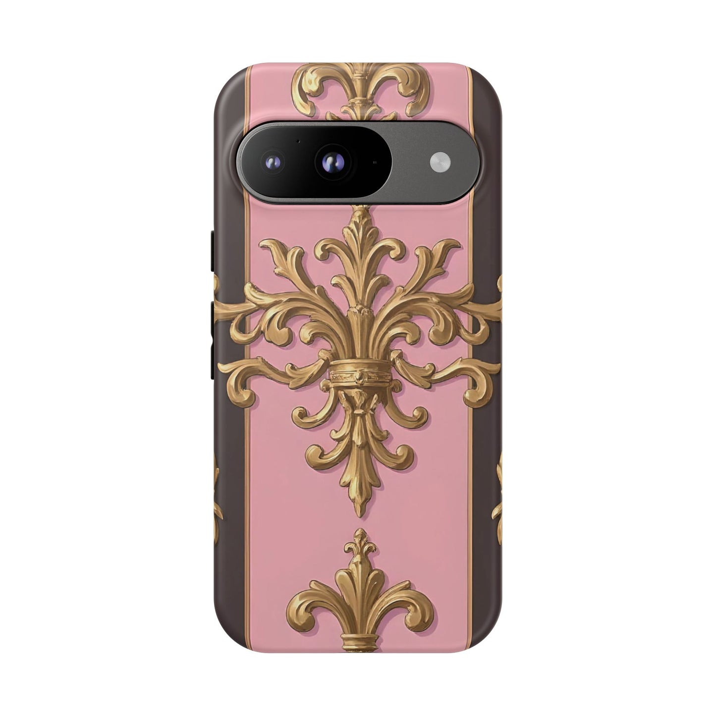 Elegant Floral Motif Phone Case - Tough Cases with Vintage Design - Pink & Brown Striped Gold Damask