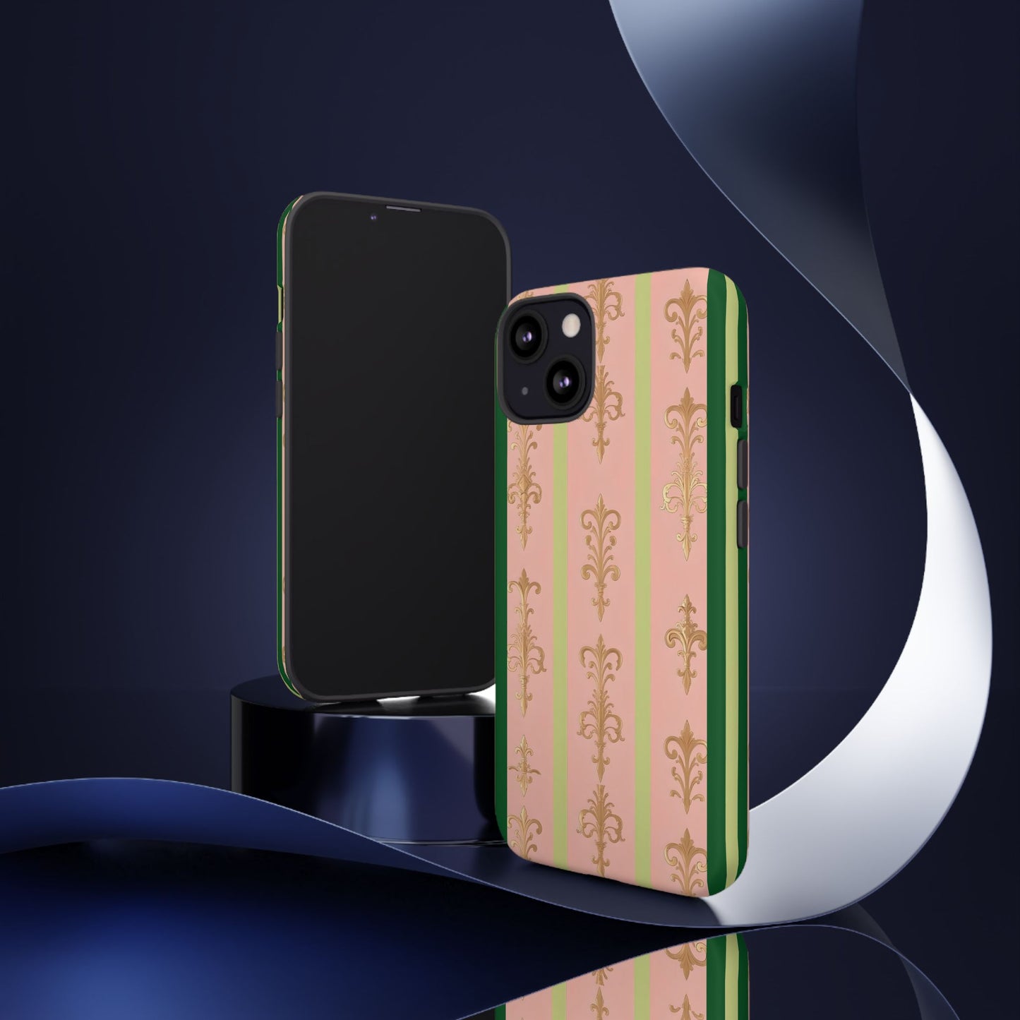 Elegant Floral Motif Phone Case - Tough Cases with Vintage Design - Lime Green & Pink Striped Damask