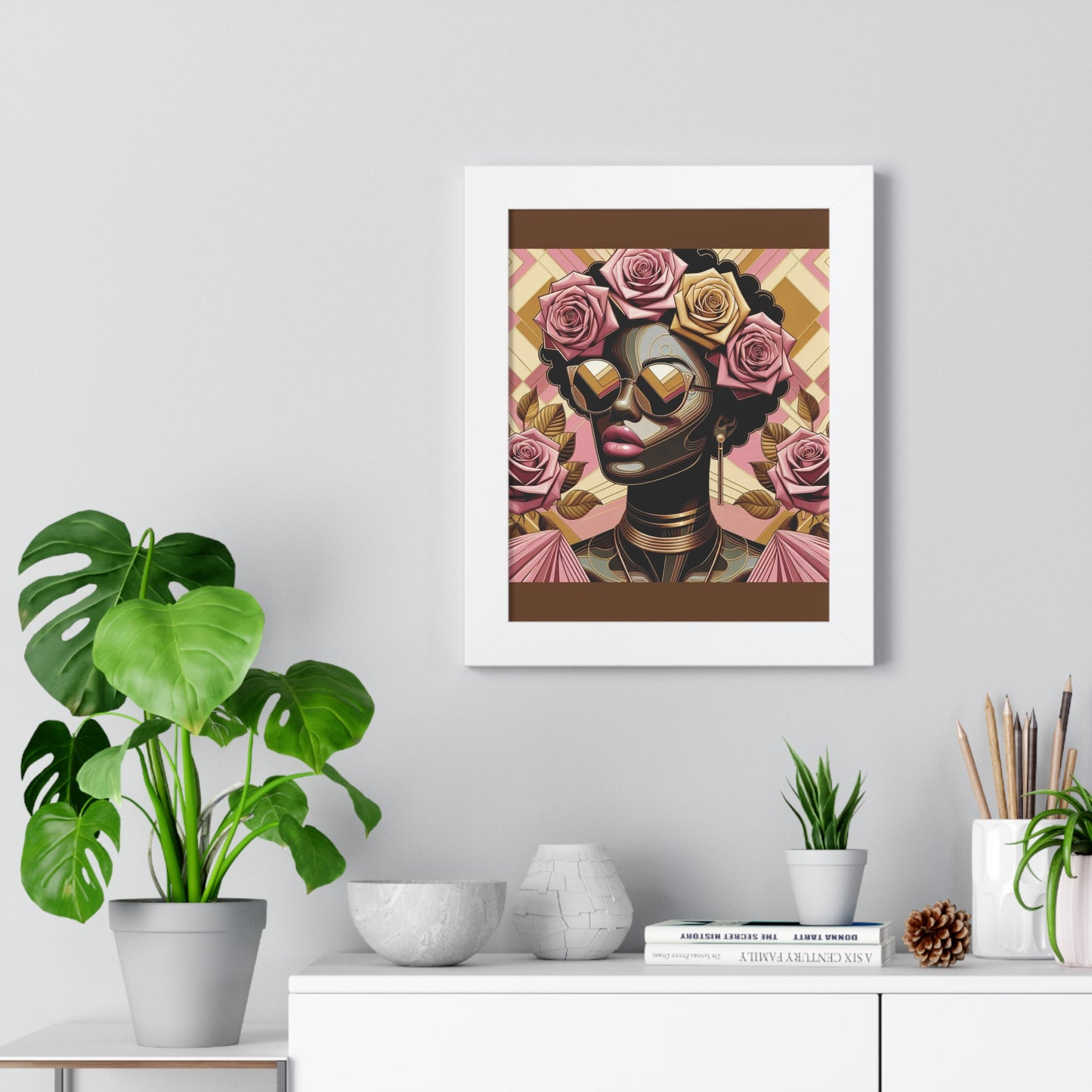 Elegant Framed Vertical Poster of Floral Woman, Home Decor, Wall Art, Gift for Her, Feminine Art Print - Pink Roses Lady