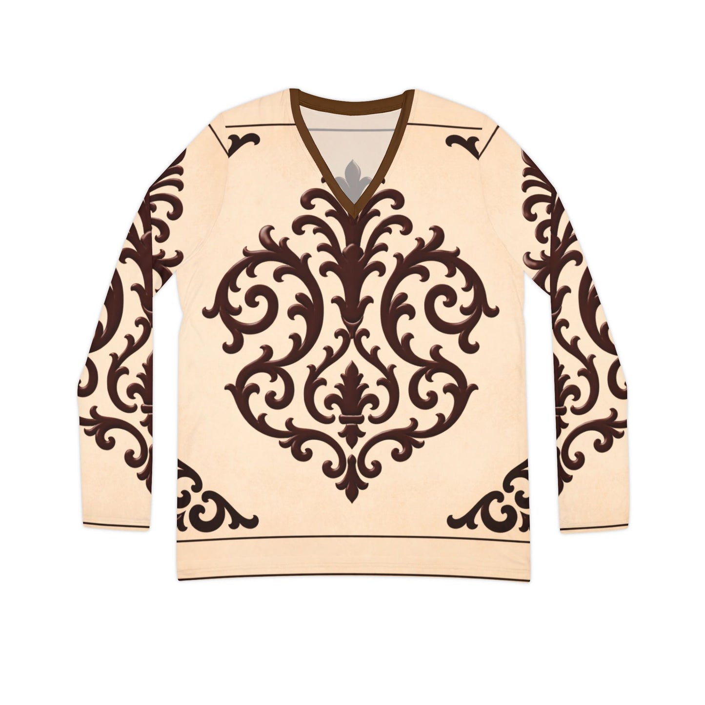 Almond-Beige & Brown Baroque Women's V-Neck Long Sleeve Shirt — Elegant Baroque Scroll Print