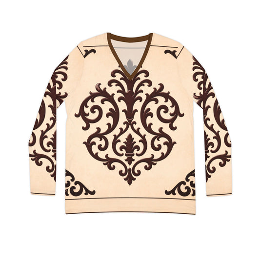 Almond-Beige & Brown Baroque Women's V-Neck Long Sleeve Shirt — Elegant Baroque Scroll Print