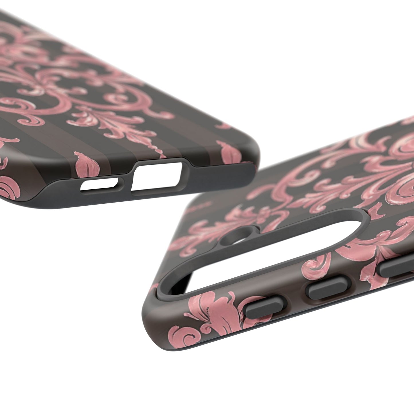 Elegant Floral Motif Phone Case - Tough Cases with Vintage Design - Brown Striped Mauve Damask