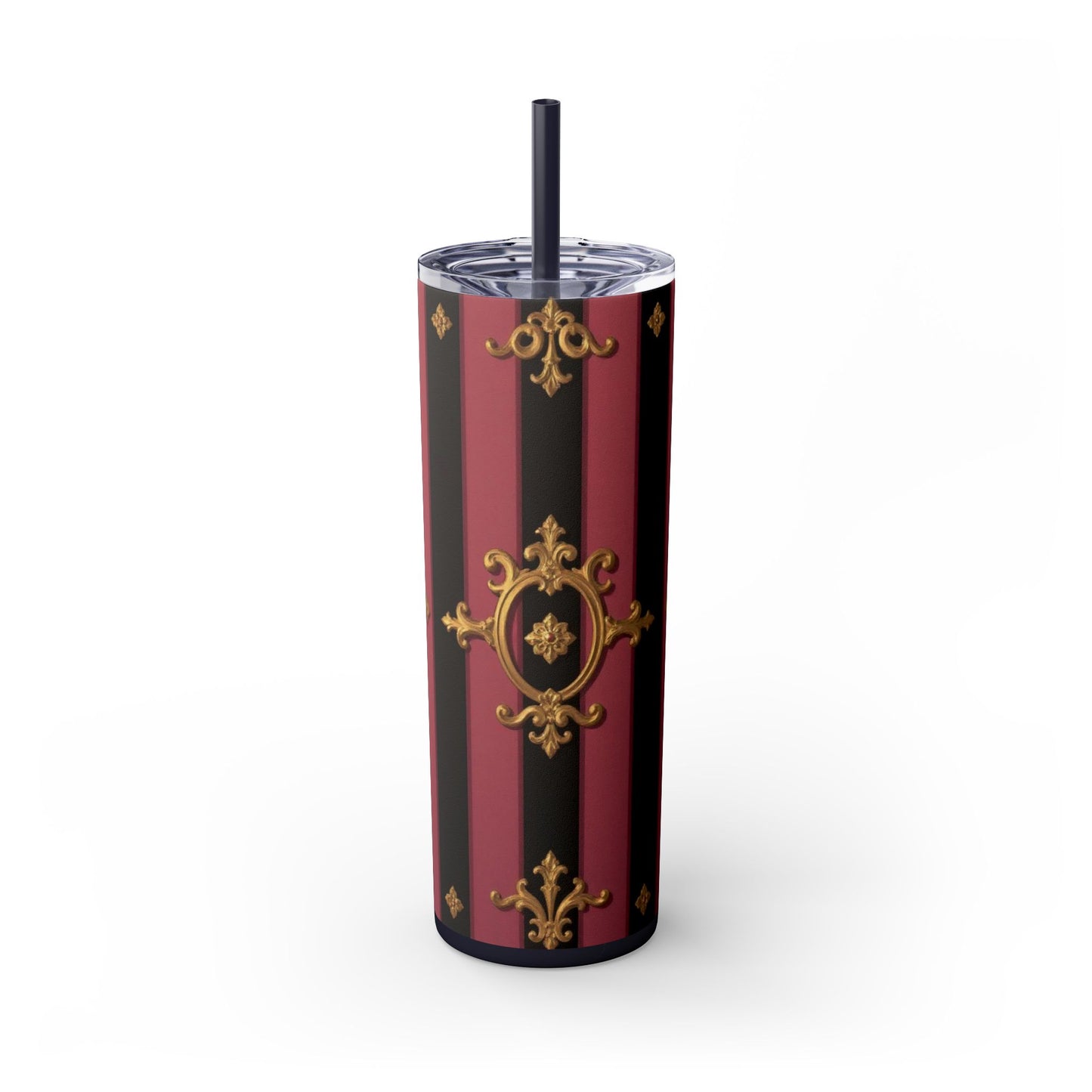 Elegant Black & Mauve Striped Gold Baroque Striped Skinny Tumbler with Straw, 20oz | Vintage Gold Accent Drinkware, Wedding Gift, Party Favor, Travel Mug