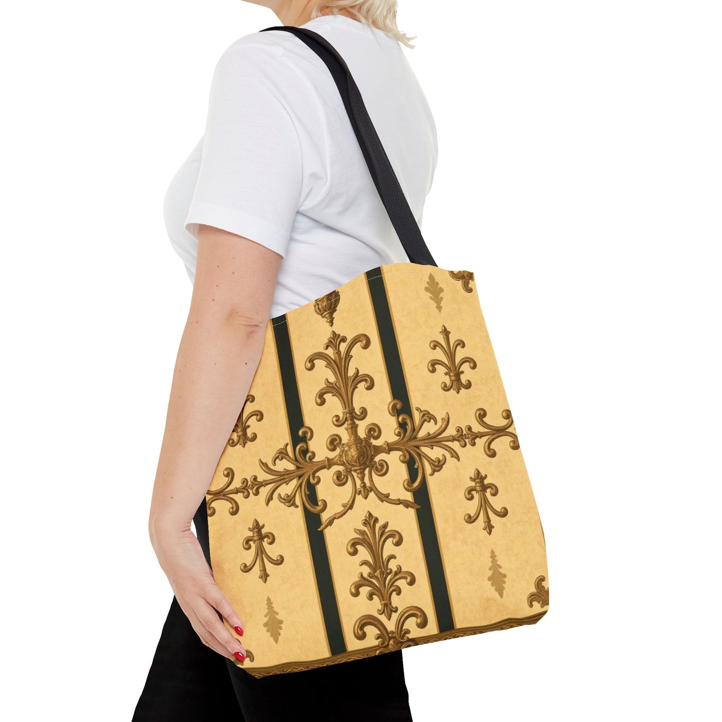 Elegant Baroque Pattern Tote Bag | Stylish Eco-friendly Shopping Bag, Beach Tote, Gift Bag, Daily Use - Matte Yellow Striped Antique Rococo