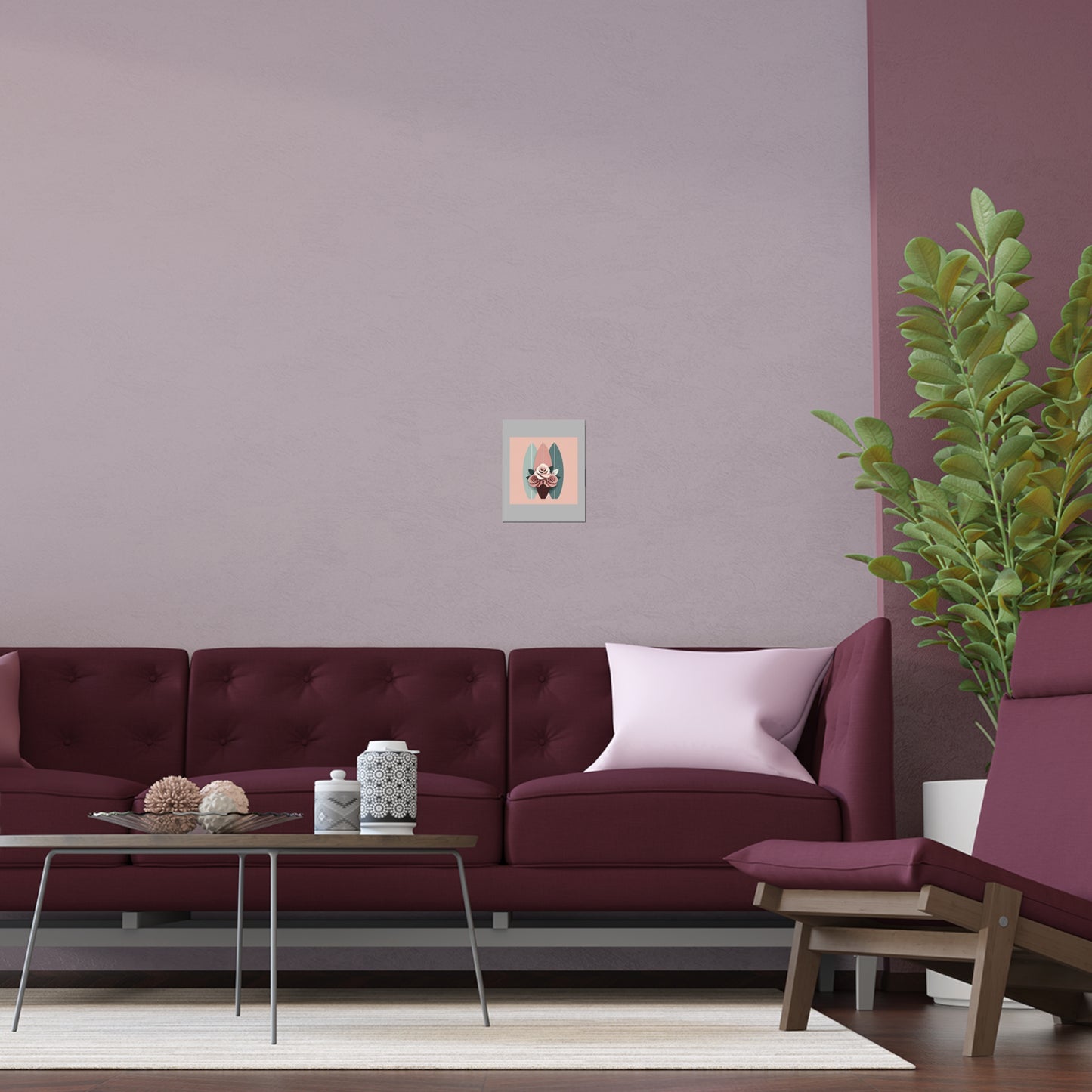 Elegant Floral Silk Poster - Indoor/Outdoor Wall Art for Home Decor - Burgundy, Matte Mauve & Teal Surfboard & Roses