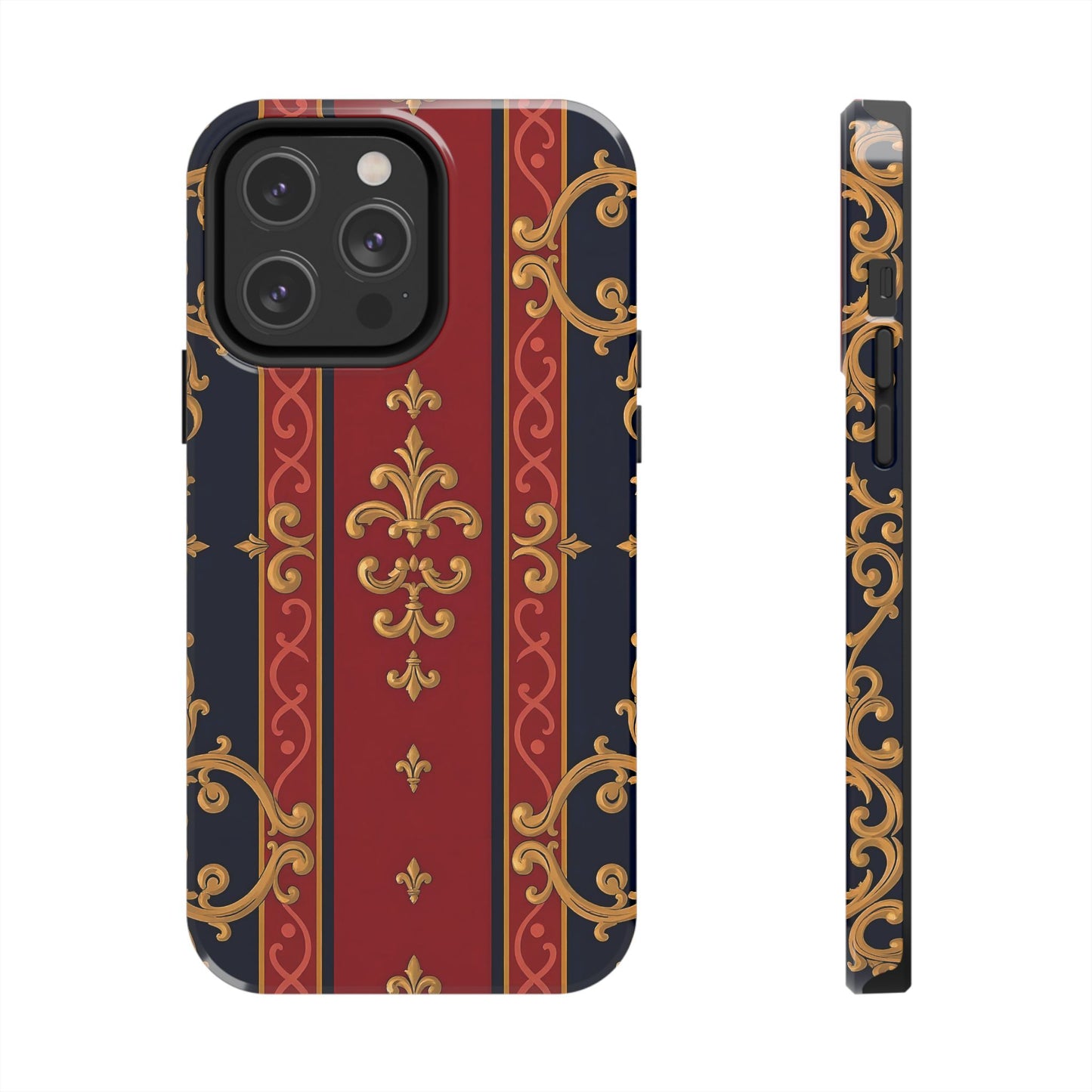 Elegant Vintage Phone Cases, Tough Phone Cover, Stylish Cell Phone Accessories, Durable Phone Protection - Midnight Blue & Dusk Red Gold Baroque