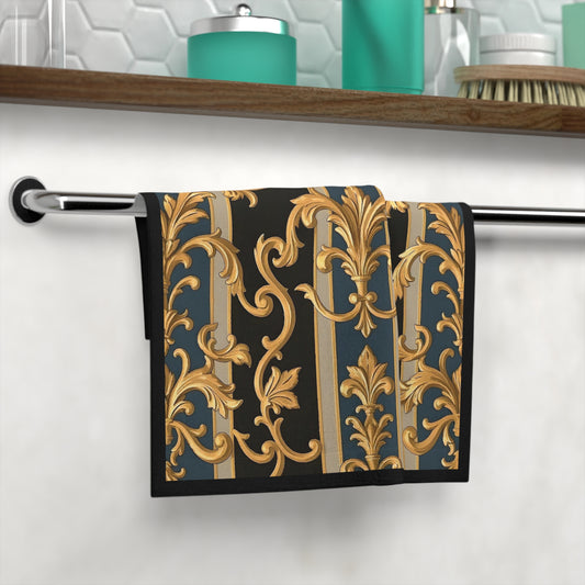 Luxurious Ornate Face Towel, Elegant Bathroom Towel, Spa Gift, Home Décor, Self-Care Essentials, Holiday Gift - Blue & Black Striped Rococo