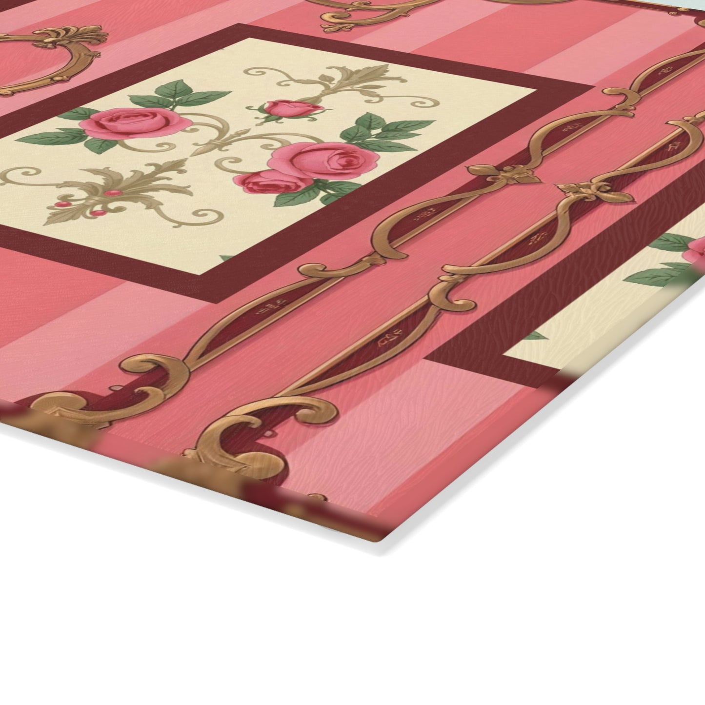 Elegant Floral Glass Cutting Board - Vintage Pink Design for Home Cooking - Pink Striped Baroque & Roses