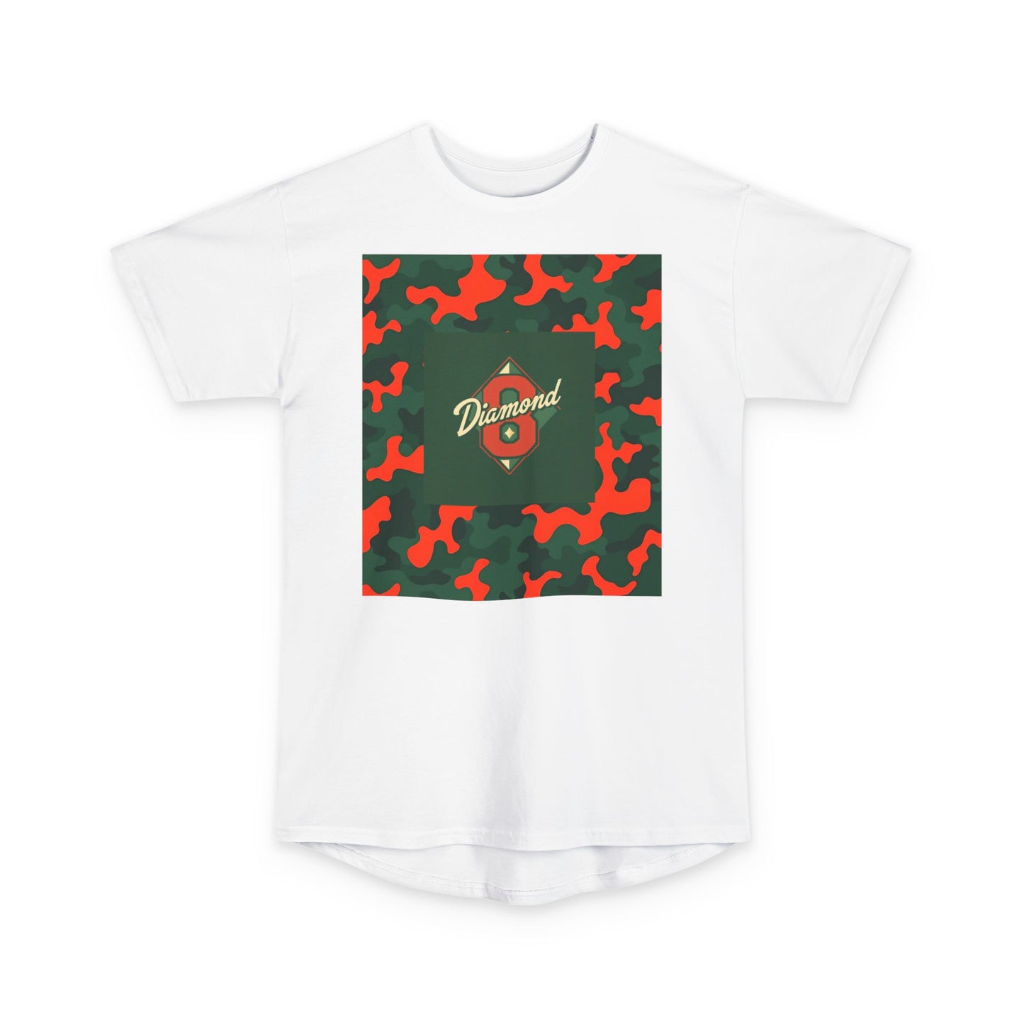 Urban Camo Long Body Tee, Trendy Streetwear, Summer Fashion Top, Unisex Casual Shirt, Gift for Him/Her - Green & Orange Camo Diamond 8
