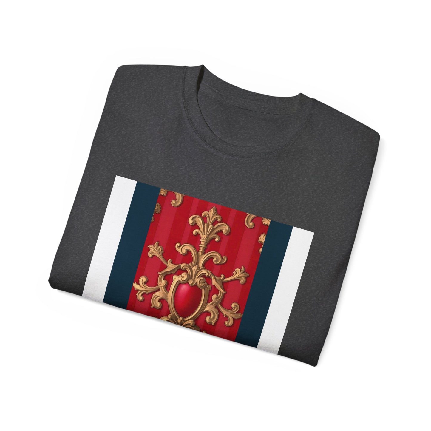 Regal Red Baroque T-Shirt, Artistic Tee, Gift for Art Lovers, Fashionable Statement Shirt, Unique Graphic Top - Blue, Red & White Striped Baroque