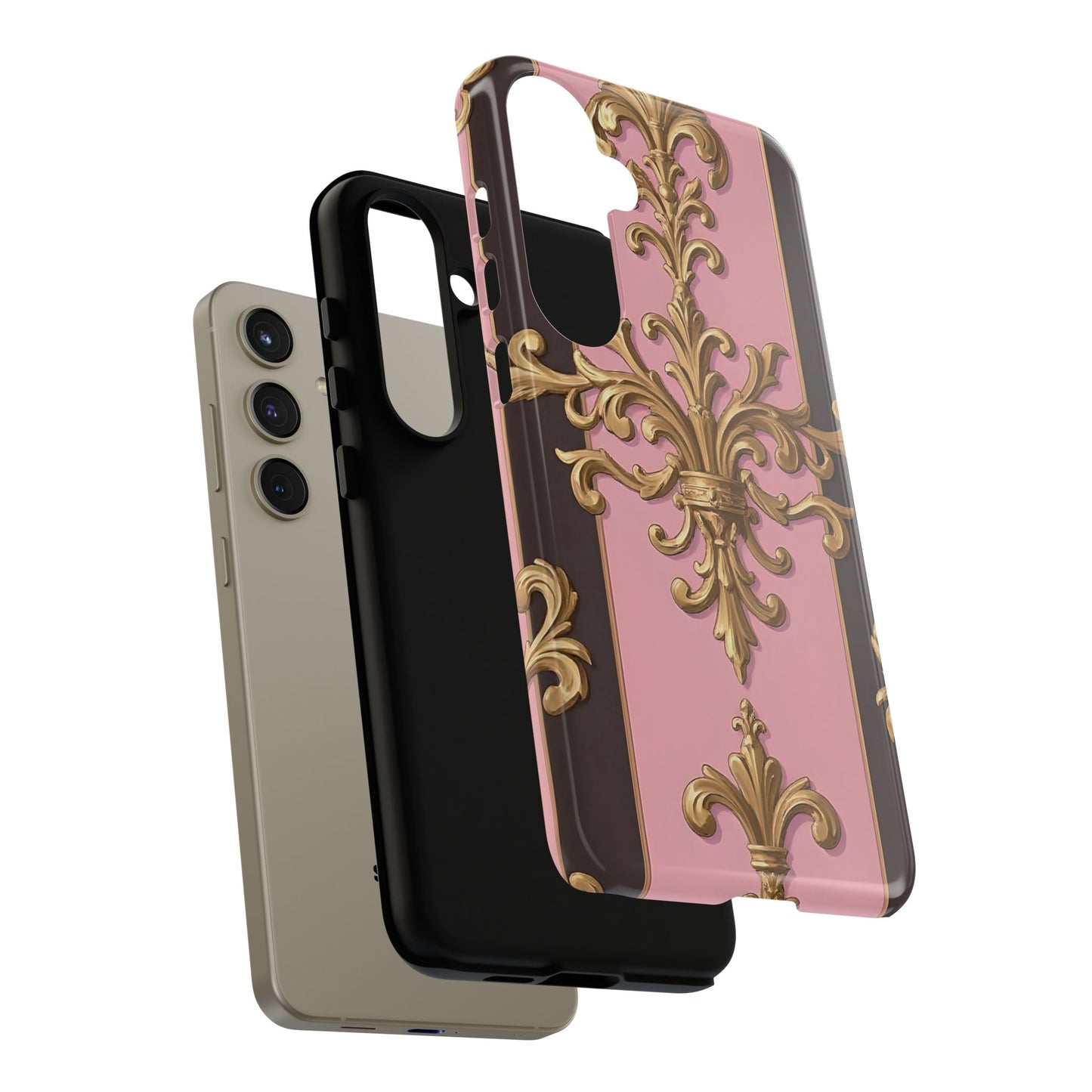 Elegant Floral Motif Phone Case - Tough Cases with Vintage Design - Pink & Brown Striped Gold Damask