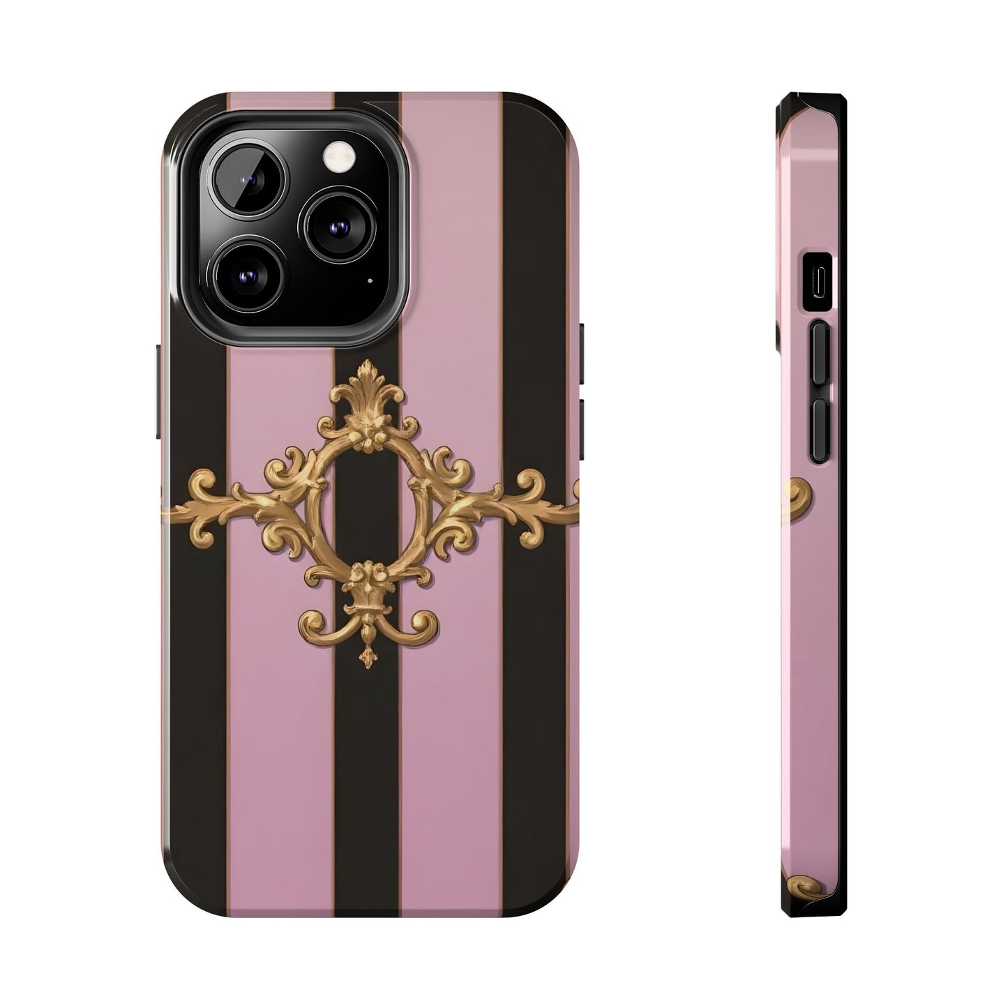 Stylish Tough Phone Case for Elegant Protection, Fashionable Accessories, Smartphone Cover - Matte Lavender & Black Striped Gold Baroque