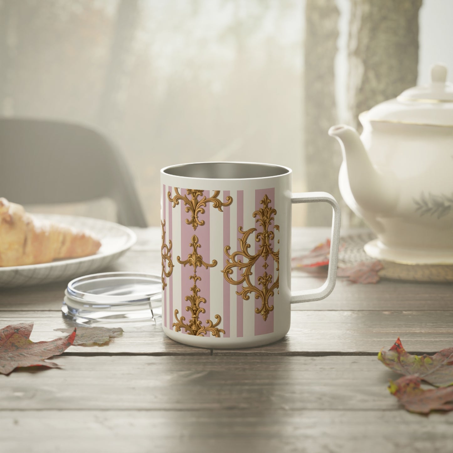 Elegant Baroque Insulated Coffee Mug, 10oz | Stylish Travel Mug, Gift for Coffee Lovers, Decorative Drinkware, Lilac and Gold Design