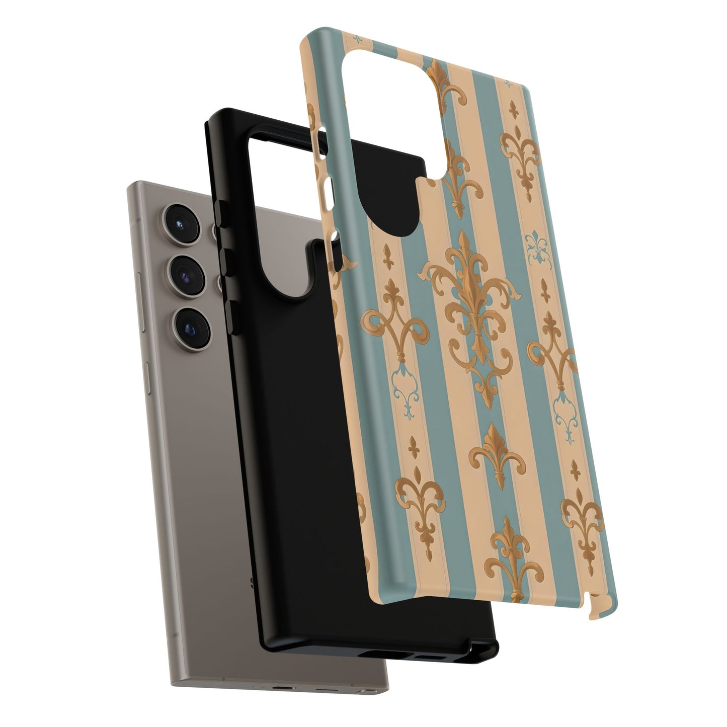 Elegant Floral Motif Phone Case - Tough Cases with Vintage Design -  Beige & Sky Blue Striped Gold Damask