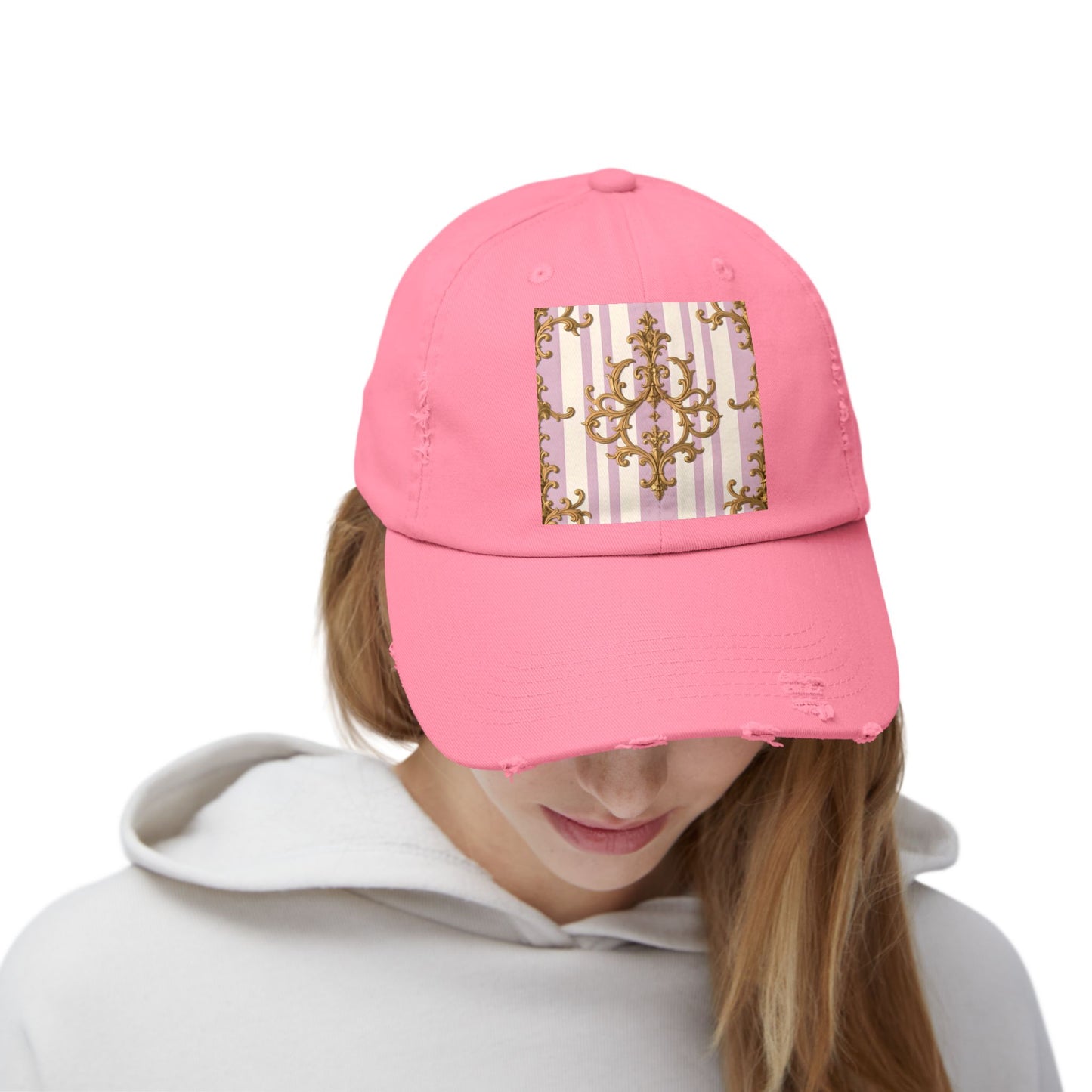 Chic Distressed Cap with Elegant Design | Trendy Accessory, Gift for Fashion Lovers, Perfect for Casual Outings - Lilac & Alabaster Striped Gold Baroque