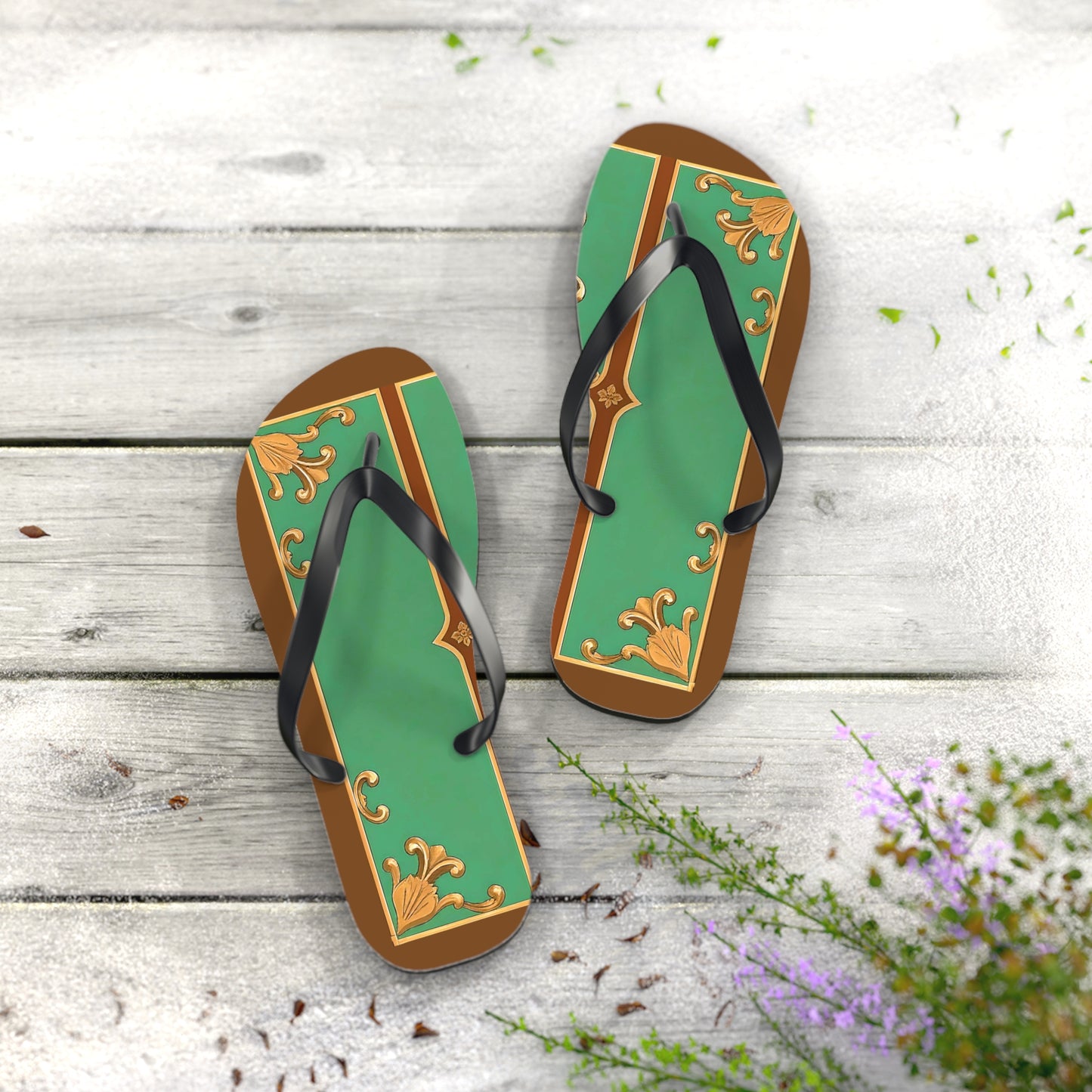 Elegant Floral Flip Flops for Summer Getaways - Rust & Green Striped Baroque