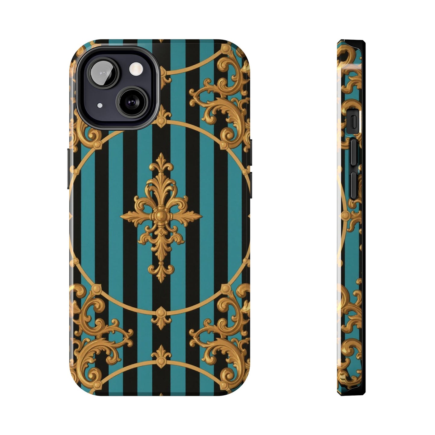 Elegant Turquoise & Black Striped Gold Baroque Phone Case, Tough Phone Cases for Fashion Lovers, Gift for Her, Luxury Accessories