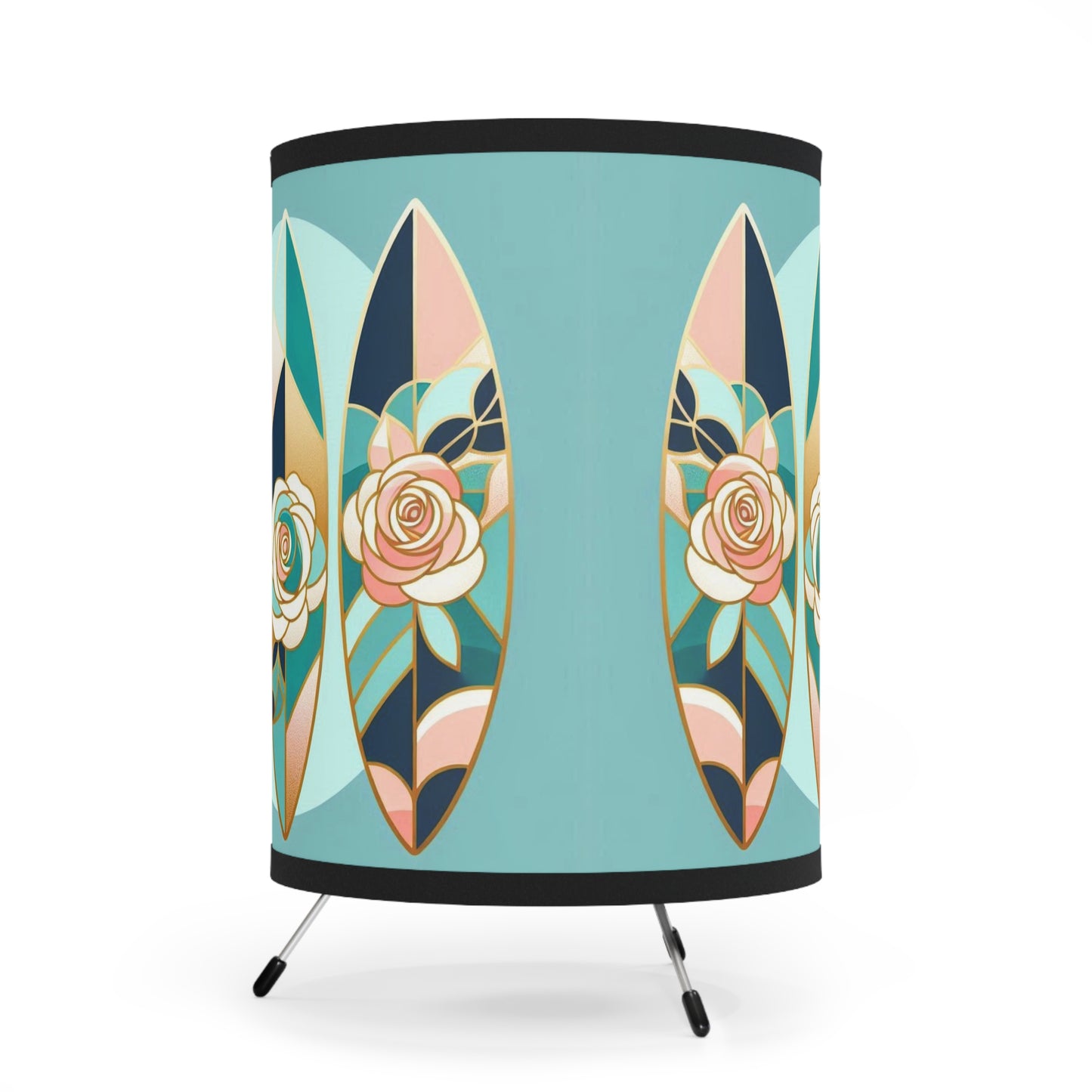 Boho Surf Tripod Lamp with Floral Design - High-Res Printed Shade - Blue, Pink & Aqua Surfboard & Roses Design