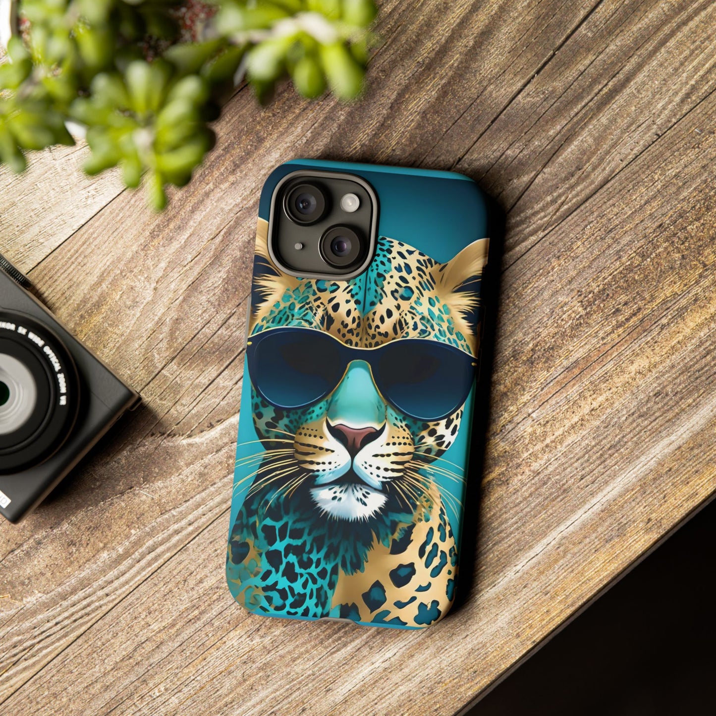 Phone Case - Aqua & Gold Leopard In Sunglasses Design