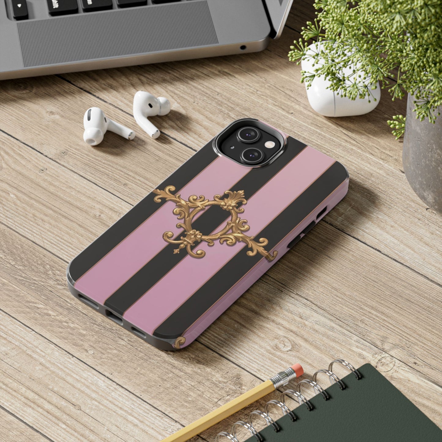 Stylish Tough Phone Case for Elegant Protection, Fashionable Accessories, Smartphone Cover - Matte Lavender & Black Striped Gold Baroque