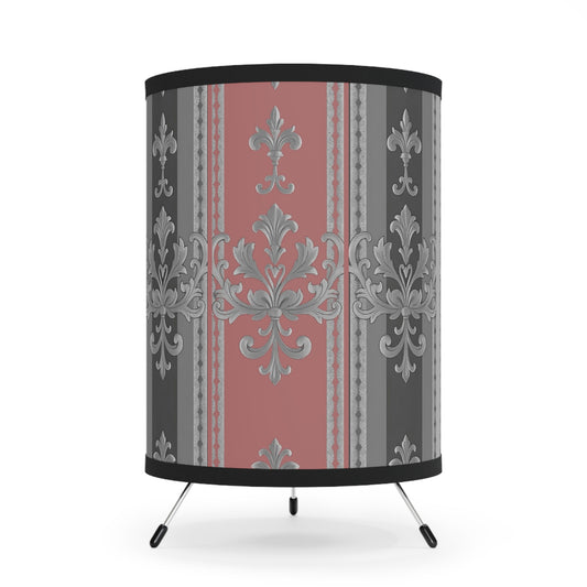 Elegant Tripod Lamp with Vintage Floral High-Res Shade - Gray & Mauve Striped Baroque
