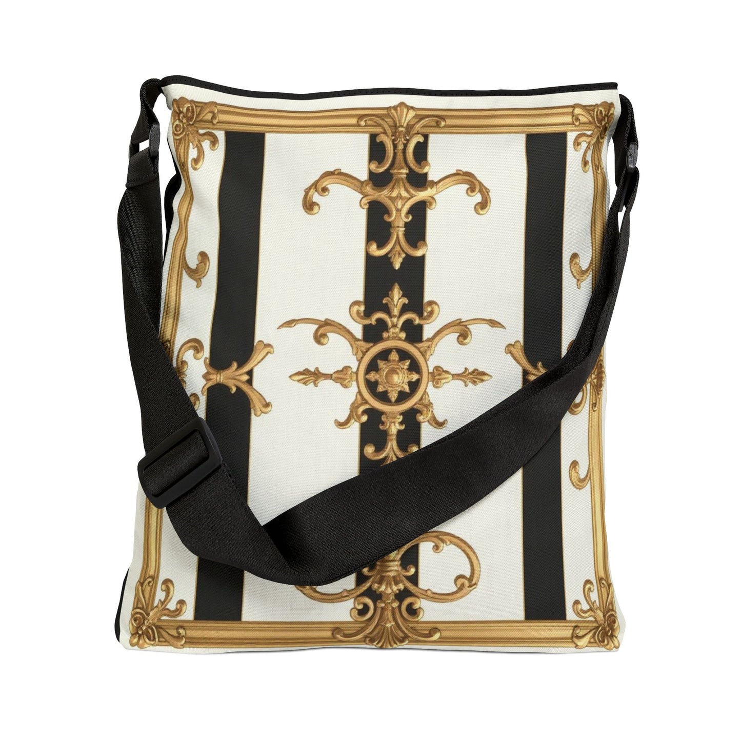 Elegant Vintage-Inspired Adjustable Tote Bag, Fashion Accessories, Daily Use, Gift for Her, Trendy Bag - Black & White Striped Gold Baroque